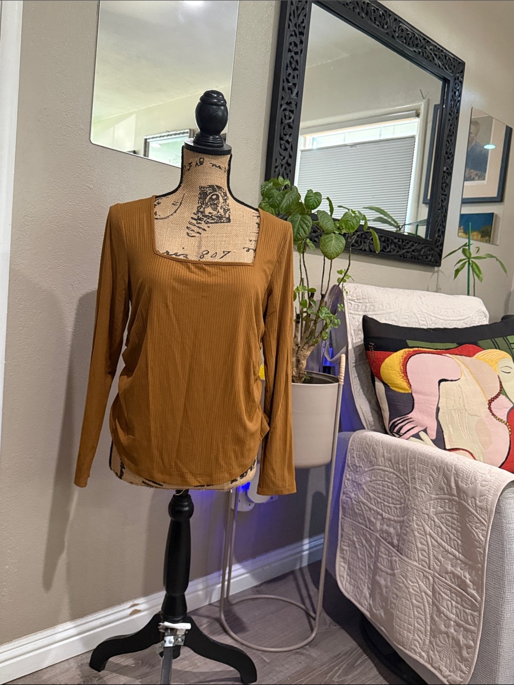 Old Navy Ribbed Square Neck Long Sleeve Top - Mustard